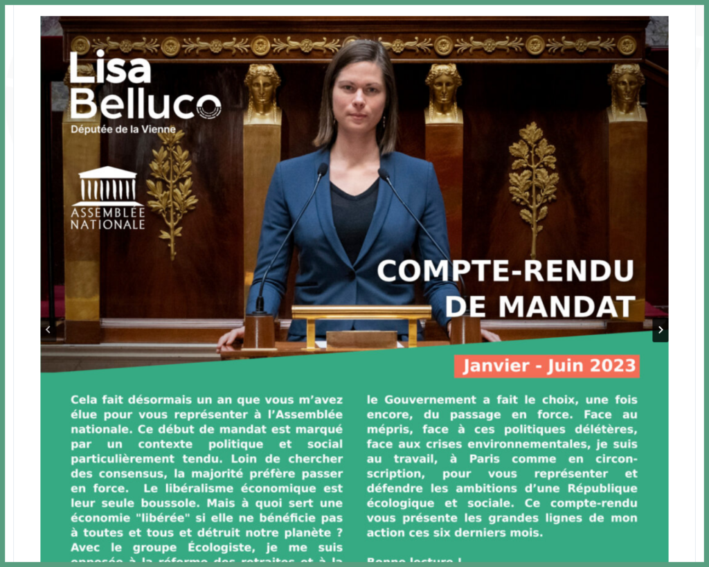 Compte-rendu de mandat de la députée écologiste NUPES de la Vienne, Lisa Belluco